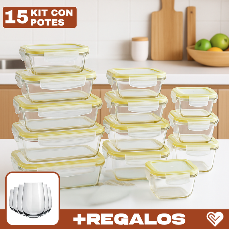 Kit con 15 Frascos Herméticos de Vidrio + 10 Vasos de Vidrio Aruba [¡ÚLTIMAS UNIDADES EN STOCK!]