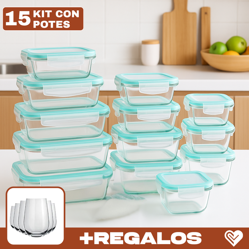 Kit con 15 Frascos Herméticos de Vidrio + 10 Vasos de Vidrio Aruba [¡ÚLTIMAS UNIDADES EN STOCK!]